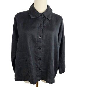 Sympli Black Linen Button-Up Shirt Dolman Long Sleeve Boho Minimalist Size Large